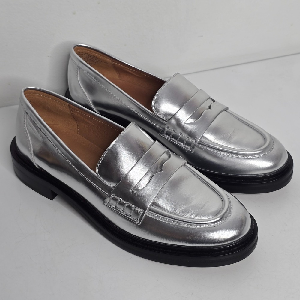 Madewell Penny Loafers Womens 6.5 The Vernon Loafer Silver Mirror Leather Shoes